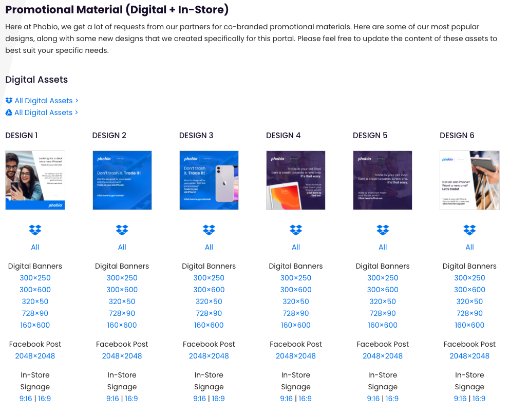 Original Phobio portal screenshot displaying six promotional designs and downloadable formats for digital banners, Facebook posts, and in-store signage.
