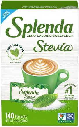 Starting package: large Splenda name above smaller Stevia lettering, with a circular natural claim.